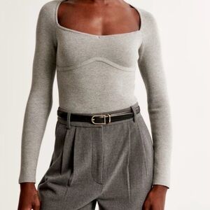 Abercrombie Square Neck Long Sleeve Ribbed Top in Light Gray